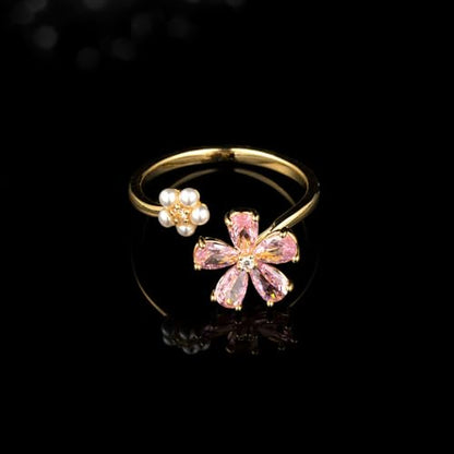 Kokoma Dainty Flower Ring for Women Sparkling Cubic Zirconia Daisy Open Statement Rings Pearl Chic Engagement Promise Ring Wrap Finger Band - color: Pink