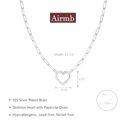 Airmb Heart Necklace for Women Gold/Silver Plated Trendy Heart Choker Lover Pendant Hypoallergenic Fashion Gold/Silver Necklace for Women Love Jewelry Gift for Women Girlfriend - color: Paperclip Open Heart-Silver