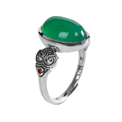 Vintage Green Jade Cocktail Rings for Women Oxidized Silver Faux Gemstones Crystal Adjustable Ring Midi Finger Band Retro Aesthetic Wedding Statement Ring Fashion Mother Banquet Jewelry
