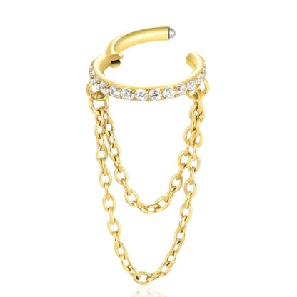 16G Titanium Cartilage Earrings Hoop 7mm 9mm Helix Piercing Jewelry with Single/Double/Triple Chains Hypoallergenic Hinged Clicker - style: new-gold 2 chains 7mm