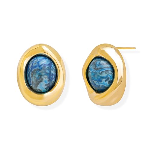 Jean Beau Chunky Gold Stone Stud Earrings for Women, Trendy Natural Gemstone Hypoallergenic Earing Valentine Jewelry Gift - color: Lapis Lazuli