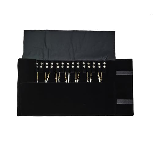 Travel Necklace Organizer, Portable Velvet Jewelry Case,16 Slots | Removable Snap, Foldable, Chains Bracelets Storage Jewelry Roll Bag, Space-Saving,Gift for Women Girls BFF,Black with elastic