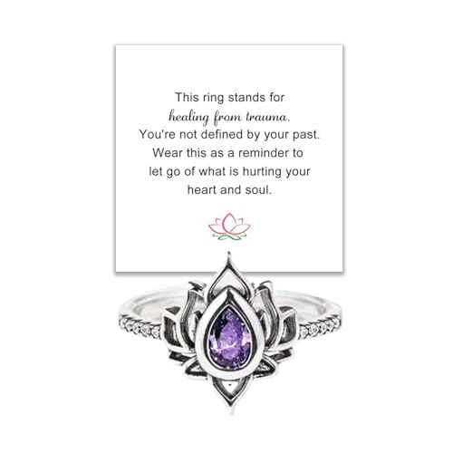 Lotus Ring for Women - Zircon Inlaid Flower Promise Ring - My Trauma Inspirational Statement Floral Jewelry Gift - color: purple