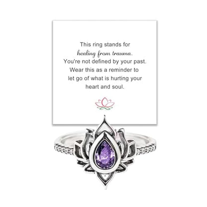 Lotus Ring for Women - Zircon Inlaid Flower Promise Ring - My Trauma Inspirational Statement Floral Jewelry Gift - color: purple