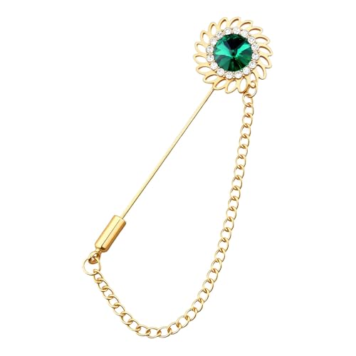 Mens Sunflower Lapel Pin Crystal Rhinestone Brooches for Men Hanging Chain Brooch Suit Pin Flower Lapel Pins for Men Wedding Business Party - color: Green
