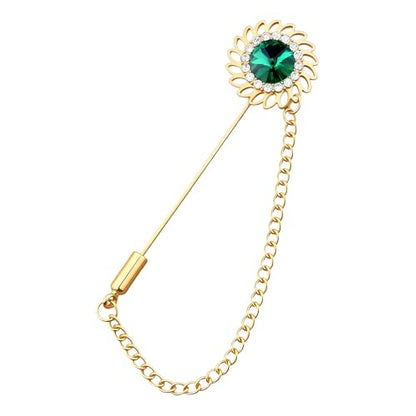 Mens Sunflower Lapel Pin Crystal Rhinestone Brooches for Men Hanging Chain Brooch Suit Pin Flower Lapel Pins for Men Wedding Business Party - color: Green
