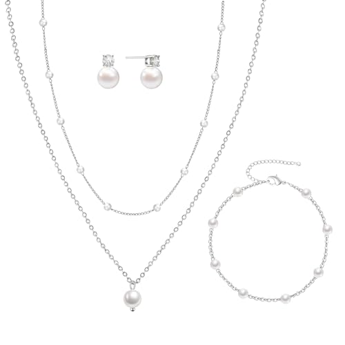 DIBOLA Gold Jewelry Set for Women, Dainty Layered 14K Gold/Silver Pearl Choker Necklaces and Earring Set Pearl Earrings Bracelets Wedding Bride Jewelry - color: cz pearl earrings jewelry set-silver
