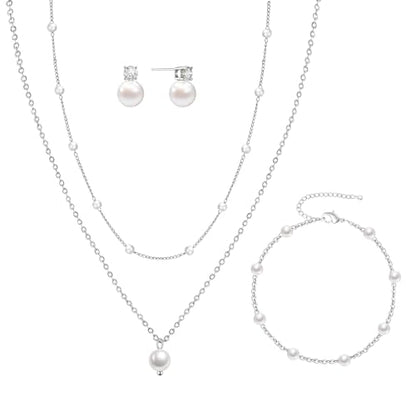 DIBOLA Gold Jewelry Set for Women, Dainty Layered 14K Gold/Silver Pearl Choker Necklaces and Earring Set Pearl Earrings Bracelets Wedding Bride Jewelry - color: cz pearl earrings jewelry set-silver
