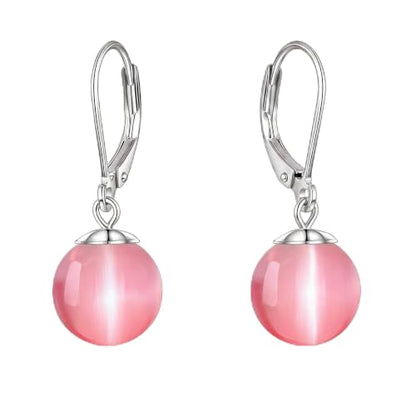 Pearl Leverback Earrings for Women Dangle Round Gemstone Earrings Birthstone Jewelry Gift Anniversary for Her - color: 21 Pink cat-eye