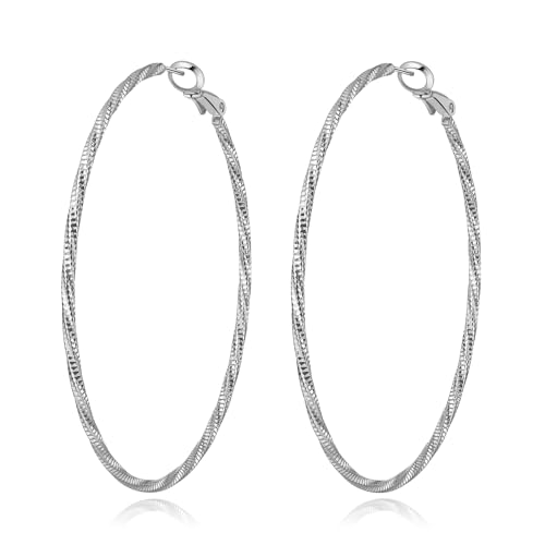 DAILY VIBES Dainty Thin Twisted Big Hoop Earrings for Women | 925 Sterling Silver Post, 14K Gold or Silver Plated Loop, Diamond-Cut Large Hoops, Hypoallergenic Hoop Earrings - color: Silver, size: 60mm
