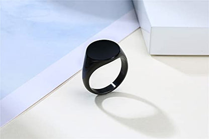 HIJONES Mens Stainless Steel Signet Ring Matte Brushed Square | Simple Statement ,Wedding Band,Polished Round - color: 14mm-Black
