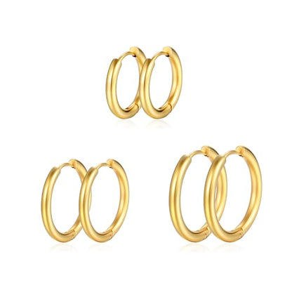 Silver Gold Hoop Earrings for Women Men, 316L Surgical Stainless Steel Huggie Hoop Earrings Set Hypoallergenic Small Cartilage Earrings Lightweight Hoop Earrings Huggie Set - color: gold-12/14/16mm