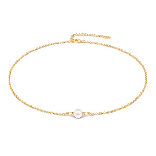 Aobei Pearl 18K Gold Plated Paperclip Chain Choker Satellite Chain Freshwater Cultured Biwa Pearl Pendant Necklace Dainty Turquoise Jewelry for Women - color: White Single Freshwater Cultured Pearl Choker