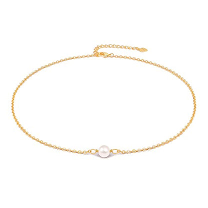 Aobei Pearl 18K Gold Plated Paperclip Chain Choker Satellite Chain Freshwater Cultured Biwa Pearl Pendant Necklace Dainty Turquoise Jewelry for Women - color: White Single Freshwater Cultured Pearl Choker