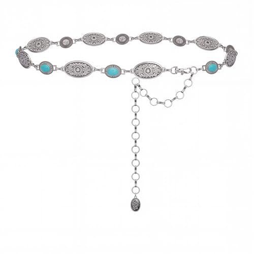 Montana West Rustic Couture's Turquoise Western Concho Chain Belt for Women | Large Western Cowgirl Metal Adjustable Boho Body Chain Belt for Dresses Jeans Country Concert - color: Amazon Jade Turquoise