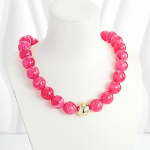 Chunky Beaded Necklace for Women Boho Statement Bead Necklace | Adjustable, Lightweight Choker, Round/Oval/Pebble Beads, Trendy Summer Beach Jewelry - color: Hot Pink-B