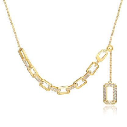 ARSIS Lariat Long Gold Necklace for Women, 18K Gold/Platinum Plated Y-Shaped Drop Dangle Pendant Necklace, Long Adjustable Pull Slider Chain Jewelry Gift for Her - color: Gold-paperclip slider