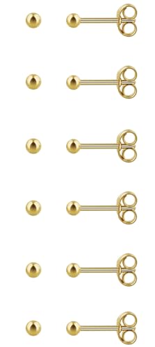 6Pairs 2mm/3mm Surgical Steel Hypoallergenic Piercing Studs, 20G 14K Real Gold Filled Tiny Stud Earrings Set for Multiple Hole Piercing (Cubic Zirconia, Pearl, Ball) - style: B : Ball, Gold, 3MM, 6 Pairs