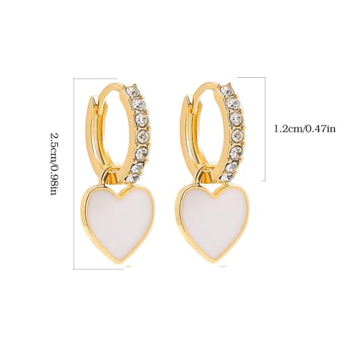 Preppy Love Heart Hoop Earrings for Women Teen Girls Gold Plated Cubic Zirconia CZ Charms Dangle Drop Huggie Small Hoops Cartilage Earring Fashion Colorful Y2K Jewelry Cute Gifts - color: White