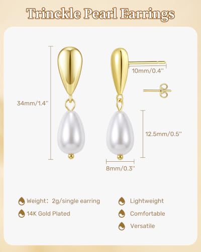 Trinckle Pearl Drop Earrings for Women Teardrop Bridal Earrings for Wedding | 14K Gold Pearl Teardrop Dangle Earrings Wedding Accessories for Brides,Lightweight Wedding Guest Prom Jewelry Gifts for Women