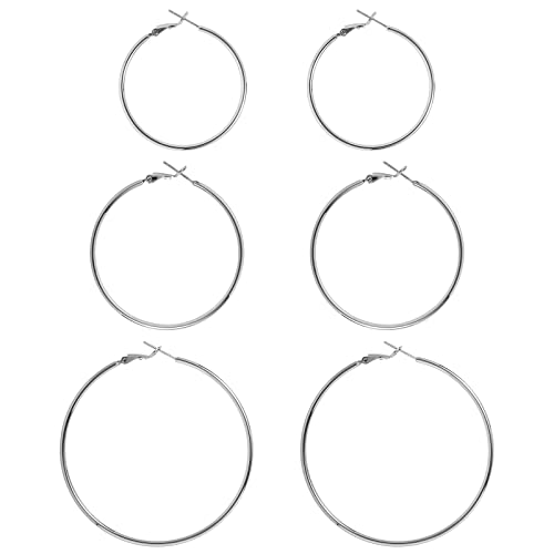 DAILY VIBES Simple Big Thin Hoop Earrings for Women Trendy, 3 Pairs | 925 Sterling Silver Post Large Hoops, 14K Gold or Silver Plated Loop, Hypoallergenic Hoop Earrings Set - color: Silver, size: 50-60-70mm
