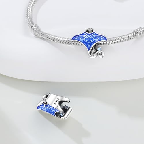 925 Sterling Silver Charms Bead for Bracelets Necklaces, Star Moon Crescent Sun Solar Pendent, Blue Ocean Starfish Shells Turtle Crab Starry Sea Cute Jewelry Birthday Gifts for Women Men - style: Manta ray charms