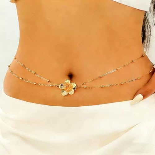 Alloy Waist Chain for Women, Adjustable Body Chain Belt, Layered Bikini Belly Chain, Jewelry for Beach Wear, Summer, Wedding, Festival, Party and Concert - color: Flower Pendant Chain