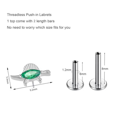 1pcs G23 Titanium Flat Back Earrings Studs 16g F136 Implant Grade Titanium Labrets Press Fit Threadless Push In Dainty Cartilage Helix Conch Lobe Lip Tragus Piercing Jewelry - style: 1pcs Dinosaur