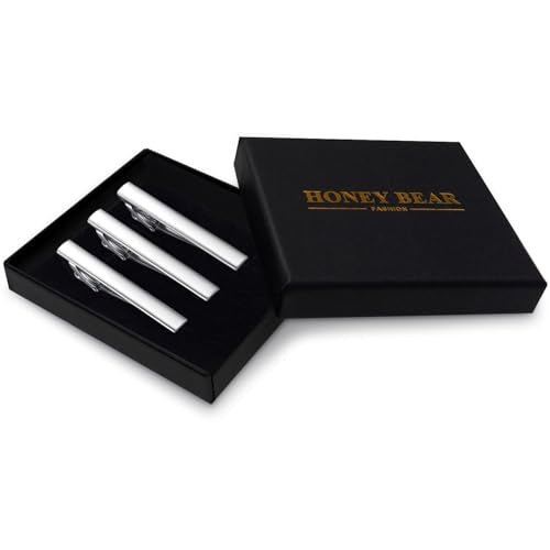 HONEY BEAR 2.12" Standard Tie Clip Bar 3-Piece Set for Men Wedding Business | Classic Minimalist, Steel-Plated Copper Base, Gift-Boxed, Thickened, Rounded Corners, Easy to Slide On, No Snag or Wrinkle - style: Shinny Silver with box