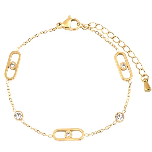 18K Gold Plated Stainless Steel Dainty Charms Colorful Crystal Birthstone Bracelet Minimalist Cute Jewelry for Women - color: Paperclip CZ