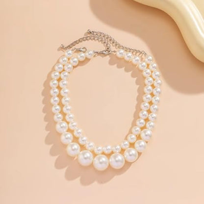 SukAmi Big Pearl Choker Necklace Chunky Large Simulated Faux Pearl Necklace Women White Layers Pearl Necklace Wedding Party Jewelry 20s Gift 2PCS 35+7cm