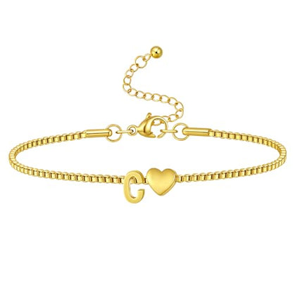 Gold Initial Bracelet for Women Dainty Personalized Name Bracelet | 14K Gold Plated, Letter A-Z Bracelet, Tiny Gold Initial Cute Heart Bracelet Jewelry Gift - color: c