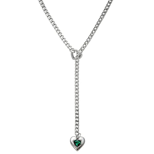 Heart Layer Pendant Necklace for Women, Adjustable Slip Chain with Colorful Gemstone & Heart Clasp - color: Green