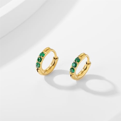Hypoallergenic Unisex Surgical Steel Small Cubic Zirconia Huggie Hoop Earring, Color Gold - Silver - Rose Gold - Black - Rainbow, Size 6mm- 12mm Safe for Sensitive Ear - style: N03: 6MM - Gold - Green Cubic Zirconia