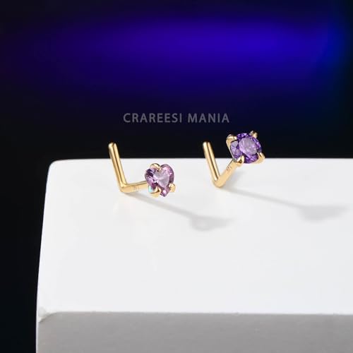 14K Real Gold Nose Studs 20G Nose Rings Studs L Shaped Nose Rings for Women Men Diamond CZ Nose Piercing - color: Yellow Gold-Heart PPCZ