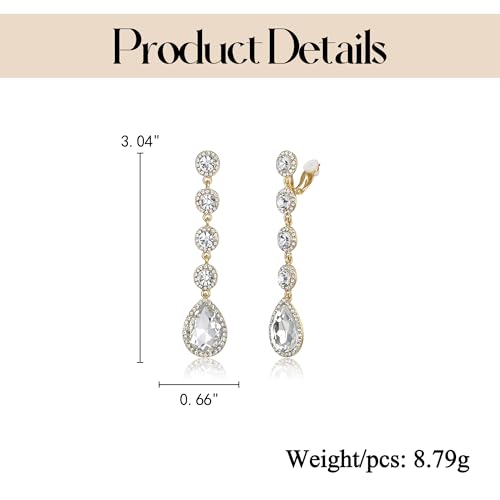 EleQueen Women's Wedding Crystal Teardrop Pear Shape 3 Inch Clip on Long Dangle Earrings for Bride Bridesmaid, Jewelry for Party Prom/Anniversary - color: White Gold-Tone