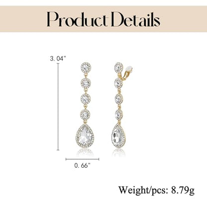 EleQueen Women's Wedding Crystal Teardrop Pear Shape 3 Inch Clip on Long Dangle Earrings for Bride Bridesmaid, Jewelry for Party Prom/Anniversary - color: White Gold-Tone