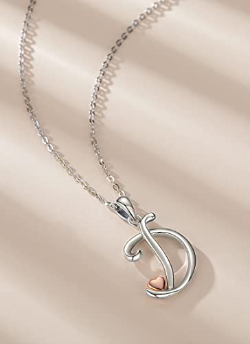 CELESTIA 925 Sterling Silver Initial Necklaces 26 Letter with Rose Gold Heart - 18 Inch Chain - color: D-Initial