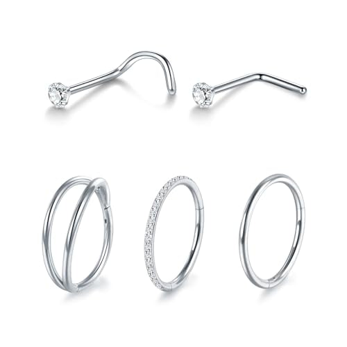 Xpircn 5pcs Hoop Nose Rings and L Shaped Nose Rings Stud Set 18G/20G Stainless Steel CZ Helix Conch Daith Tragus Cartilage Hoop Earrings for Women 6mm 7mm 8mm 10mm - color: Silver, size: 20G, 10mm hoop & 7mm studs