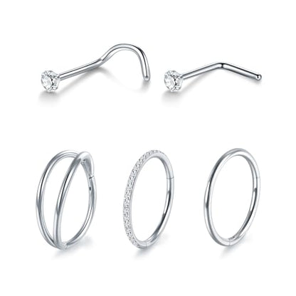 Xpircn 5pcs Hoop Nose Rings and L Shaped Nose Rings Stud Set 18G/20G Stainless Steel CZ Helix Conch Daith Tragus Cartilage Hoop Earrings for Women 6mm 7mm 8mm 10mm - color: Silver, size: 20G, 10mm hoop & 7mm studs