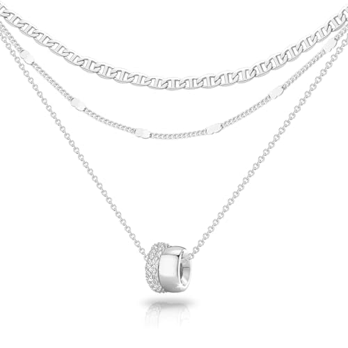 OGD Layered CZ Rondelle Pendant Necklaces for Women, 14K Gold Plated Trendy Mariner Chain Dainty Circle Rondelle Pendant Choker Necklace for Women Two-Toned Cubic Zirconia Gold Necklace - color: Silver Rondelle Layered-3PCS
