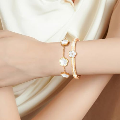 2pcs Stackable Bangle Bracelets 18K Gold Plated Lucky Clover Bracelet Stainless Steel Clover Jewelry Set Fashion Birthday Gifts for Women - color: Gold White Stackable Bracelets