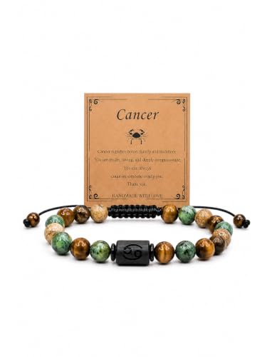 Zodiac Bracelet for Women and Men, Zodiac Sign Natural Stone Beaded Bracelet, Adjustable Horoscope Astrology Bracelet with Zodiac Card, Birthday Gift for Her Him - color: Cancer