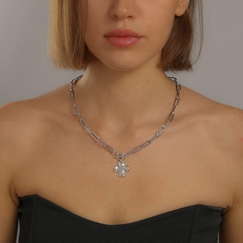 Chunky Cross Necklace for Women Trendy 14K Gold Silver Plated Statement Big Cross Pendant Paperclip Chain Charm Necklaces Religious Faith Easter Basket Stuffers Baptism Costume Jewelry Gift - color: White Gold-Toggle-0.8 inch pendant