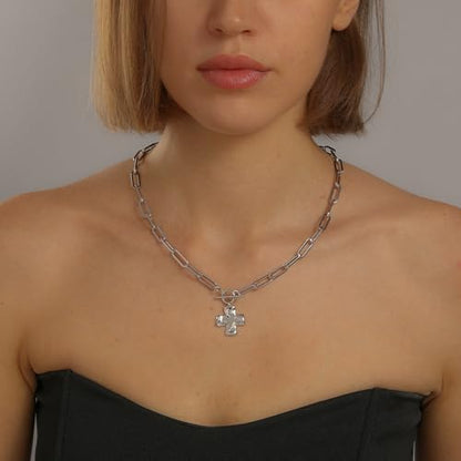 Chunky Cross Necklace for Women Trendy 14K Gold Silver Plated Statement Big Cross Pendant Paperclip Chain Charm Necklaces Religious Faith Easter Basket Stuffers Baptism Costume Jewelry Gift - color: White Gold-Toggle-0.8 inch pendant