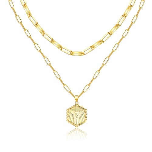 Layered Initial Necklace for Women | Gold Plated Paperclip Chain with Sunburst Hexagon Letter Pendant | Double Layer Alphabet Necklace | Personalized Minimalist Jewelry Gift - color: Z