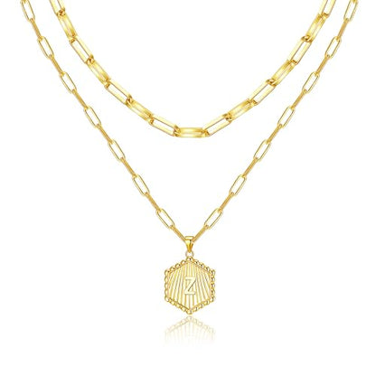 Layered Initial Necklace for Women | Gold Plated Paperclip Chain with Sunburst Hexagon Letter Pendant | Double Layer Alphabet Necklace | Personalized Minimalist Jewelry Gift - color: Z