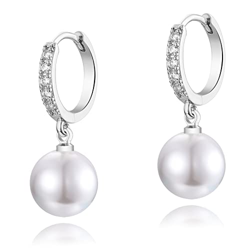 CERSLIMO Pearl Drop Earrings for Women | S925 Sterling Silver Post Simulated Shell Pearl Hoop Dangle Earrings, Hypoallergenic Cubic Zirconia Huggies Earrings Bridesmaid Jewelry - style: 01 Silver-Round