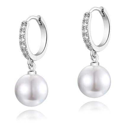 CERSLIMO Pearl Drop Earrings for Women | S925 Sterling Silver Post Simulated Shell Pearl Hoop Dangle Earrings, Hypoallergenic Cubic Zirconia Huggies Earrings Bridesmaid Jewelry - style: 01 Silver-Round
