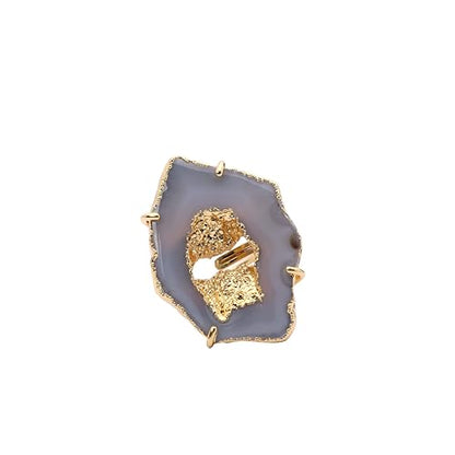 Ring Geode Druzy Slice Unique And Stylish Statement Gold Plated Jewelry Natural Gemstone Stone size 25-35 mm Approximately Adjustable Shank US Scale Size 6-9 - color: Gray, 5